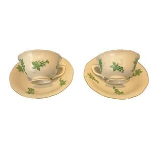 Herend Hungary Green Vine Leaf Demitasse Cups & Saucers Set of 2 Gold Trim